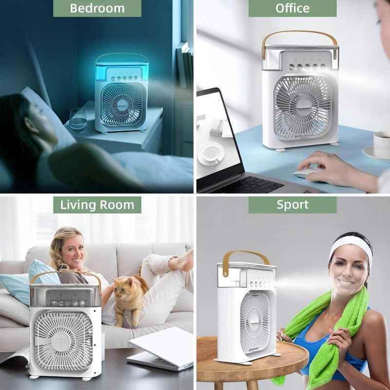 Portable 3-in-1 Air Conditioner Fan – USB Mini Air Cooler, Humidifier & LED Night Light | Adjustable Wind | Water Mist Desktop Fan for Room, Office & Travel - Al Badar Shopping Mart